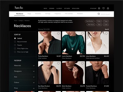 Aurelia Jewelry Category Page Design clean clear concept dark design editorial fashion homepage jewelry luxury marketplace minimal modern online store style ui uiux web website woman