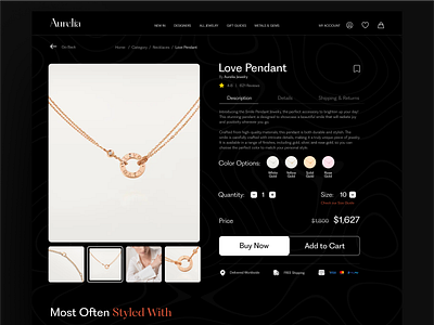 Aurelia Jewelry Product Detail Page concept dark detail page ecommerce fashion homepage jewelry landing page luxury mockup necklace online shop product detail shopify style ui ux web design webflow website