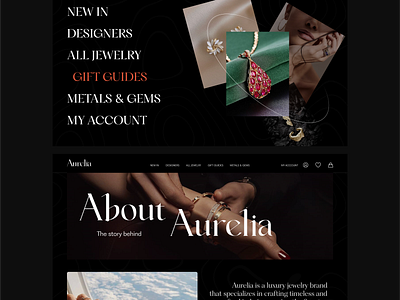 Aurelia Menu and About us Page about clean dark ecommerce expensive homepage jewelry brand landing page luxury menu minimal modern rich shopify sidebar ui uiux web design website woman