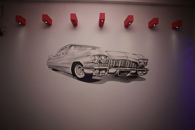 Cadillac Classic Car Pencil Sketch on wall drawing graphic design pencil sketch sketching