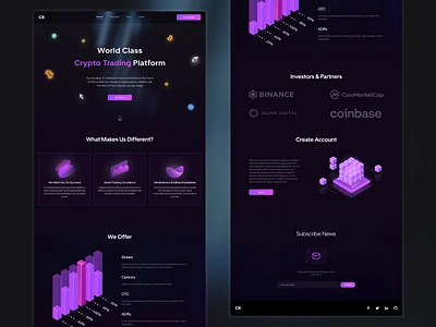 Crypto Trading - Complete Landing Page banking blockchain colors crypto crypto trading cryptocurrency dark dark mode landing page modern design objects pink statistics trading ui ui ux uix ux web web design