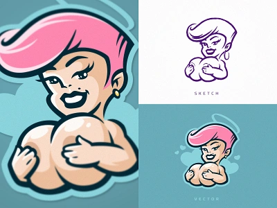 Cupid bar beauty big boobs erotic girl heart logo logotype mascot nude pinup saint sin sketch sticker striptease tits vector woman