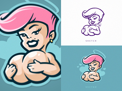 Cupid bar beauty big boobs erotic girl heart logo logotype mascot nude pinup saint sin sketch sticker striptease tits vector woman