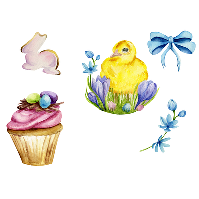 Easter set : watercolor chichen, ribbon, flower, cupcake, cookie blueflowers design easter easter2023 easterchicken easterdesign easterpattern eastersweets flowers happyeaster illustration watercolorchicken watercoloreaster watercolorillustration watercolormuffin watercolorset