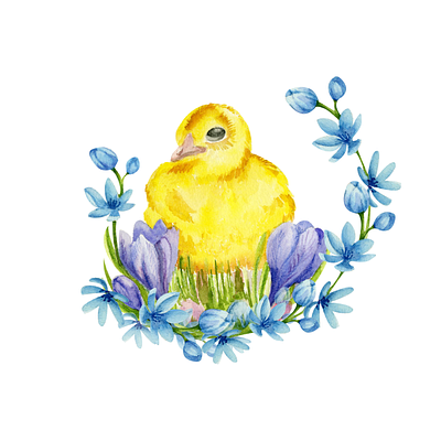 Watercolor easter chicken in flowers illustration blueflowers design easter easter2023 easterchick easterdesign easterlogo easterpattern happyeaster illustration watercolorchicken watercolorflowers watercolorillustration