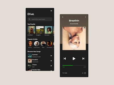 Dive. Music app avatar like mobile music app music palyer music streamer pdp player playlist plp product design search search box share streamer ui ui ux ux web design