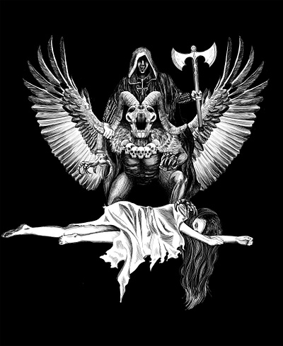 Demon Rider album art black and white dark illustration macabre art metal band skull