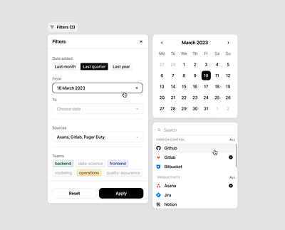 Faros AI - Filters app design button calendar dashboard dropdown filter multiselect product product design select toggle ui ux