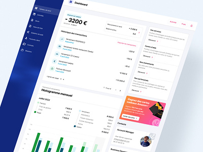 Business administration & financial dashboard administration banking blue palette column layout dashboard design desktop dashboard figma finance frenchtech graphs material design transaction history