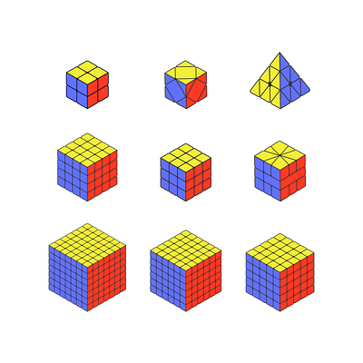 Rubik's cube and other puzzles 2x2 4x4 5x5 6x6 7x7 color isometric puzzles pyraminx rubiks cube skewb speedcubing square 1 vector