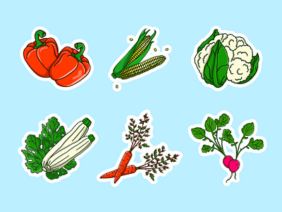 set with vegetables in cartoon style design graphic design illustration radish вектор иконка кабачок кукуруза лето морковь мультяшный овощи перец стикер цветная капуста