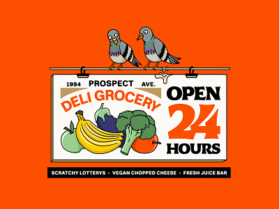Deli Grocery apple badgedesign bodega branding bright brooklyn corner store deli fruit graphic design grocery illustration illustrator logo nyc pigeon signage typography