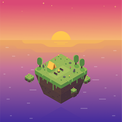 Isometric fly island over the ocean camping flat flowers fly island isometric landscape ocean scene sunset tent trees woods