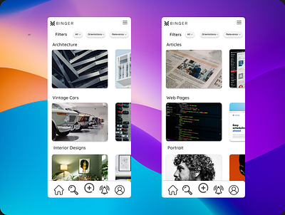 Binger App UI Design app design new post post random ui user design