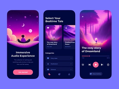 Bedtime companion app audio bedtime blue cards clean cozy dark design dream fairytale illustration meditation mobile modern onboarding player purple sleep tracking