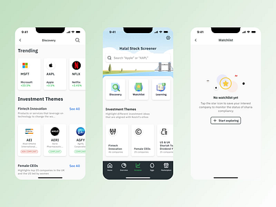 Halal Stock Screener iOS App blank state card discover fintech flutter halal halal investment halal stock market investment themes islamic fintech mobile design stock market stock screener trending ui design watchlist