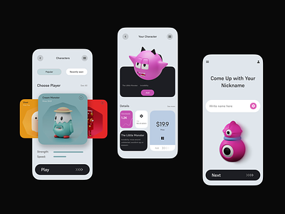 Character-based game concept 3d character choose colorful eye catching figma game game design iphone 14 pro mobile mobile design nickname pokemon ui vibrant