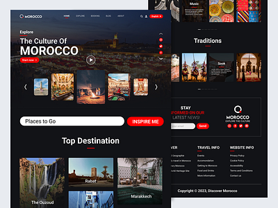 Explore Morocco Landing Page UI Design culture design elegant and modern design explore landing page marakkech morocco professional landing page red top destination tour travel figma traditions travel ui ux visit website المغرب تصميم صفحة هبوط