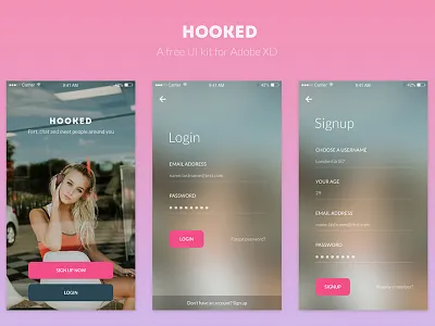 Download: Hooked: a free UI kit for Adobe XD adobe xd dating design design kit download free freebie graphicghost interface design interface template mobile mobile ready mobile ui kit online dating premade screen design template ui kit xd xd template