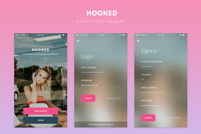 Download: Hooked: a free UI kit for Adobe XD adobe xd dating design design kit download free freebie graphicghost interface design interface template mobile mobile ready mobile ui kit online dating premade screen design template ui kit xd xd template