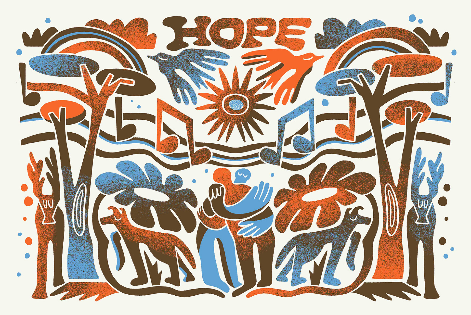 HOPE birds characterdesign colourful deer design digitalillustration dogs flowers hope hugging illustration layers nature people texture trees