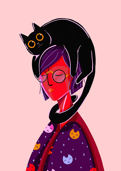 Woman with cat on her head character illustration