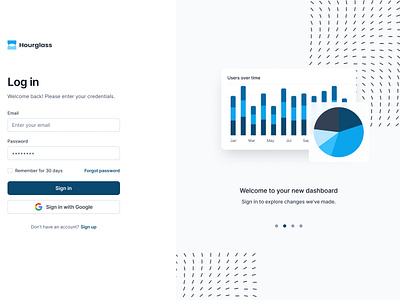 Log In Screen bar chart dashboard data eccomerce graphs hourglass log in log in screen login login screen math onboarding onboarding experience pie chart sign up users users over time welcome