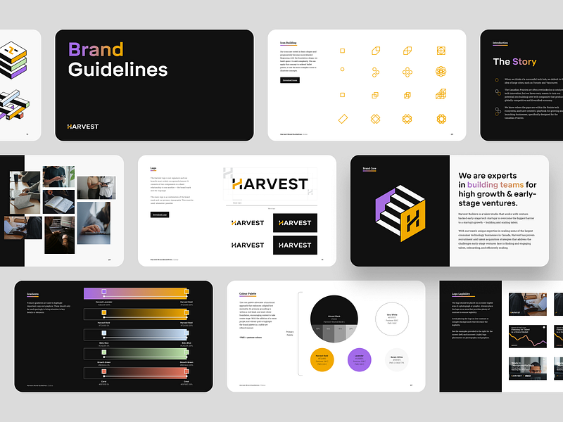 Harvest Brand Guidelines brand branding deck design gradients graphic design guide guidelines harvest icons illustrations logo minimal presentation type vector