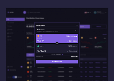 Swap crypto asset modal (Dark mode) crypto crypto app darkmode dashboard swap crypto ui ui design