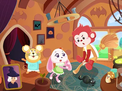 Who stole the witch's broom？ cartoon childrens illustration cute hand drawing illustration motion graphics vector illustration
