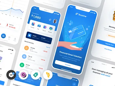 Fincome - Finance Mobile App UI Kit app design budgeting business credit card finance finance app fintech app graphic design invest mobile mobile app mockup payment stock ui kit uiux wallet