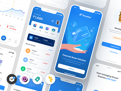 Fincome - Finance Mobile App UI Kit app design budgeting business credit card finance finance app fintech app graphic design invest mobile mobile app mockup payment stock ui kit uiux wallet