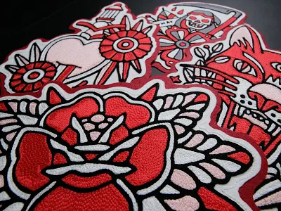 Red Halftone ✖ The Happy Accident Club cat chainstich collab dagger flower grim reaper heart merch patch patches reaper rose tattoo