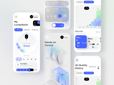 BreatheWise - Your Intelligent Air Purifier App air air purifier app app design dashboard design fresh health home locations minimal quality smart home stats ui ux virtual room vr