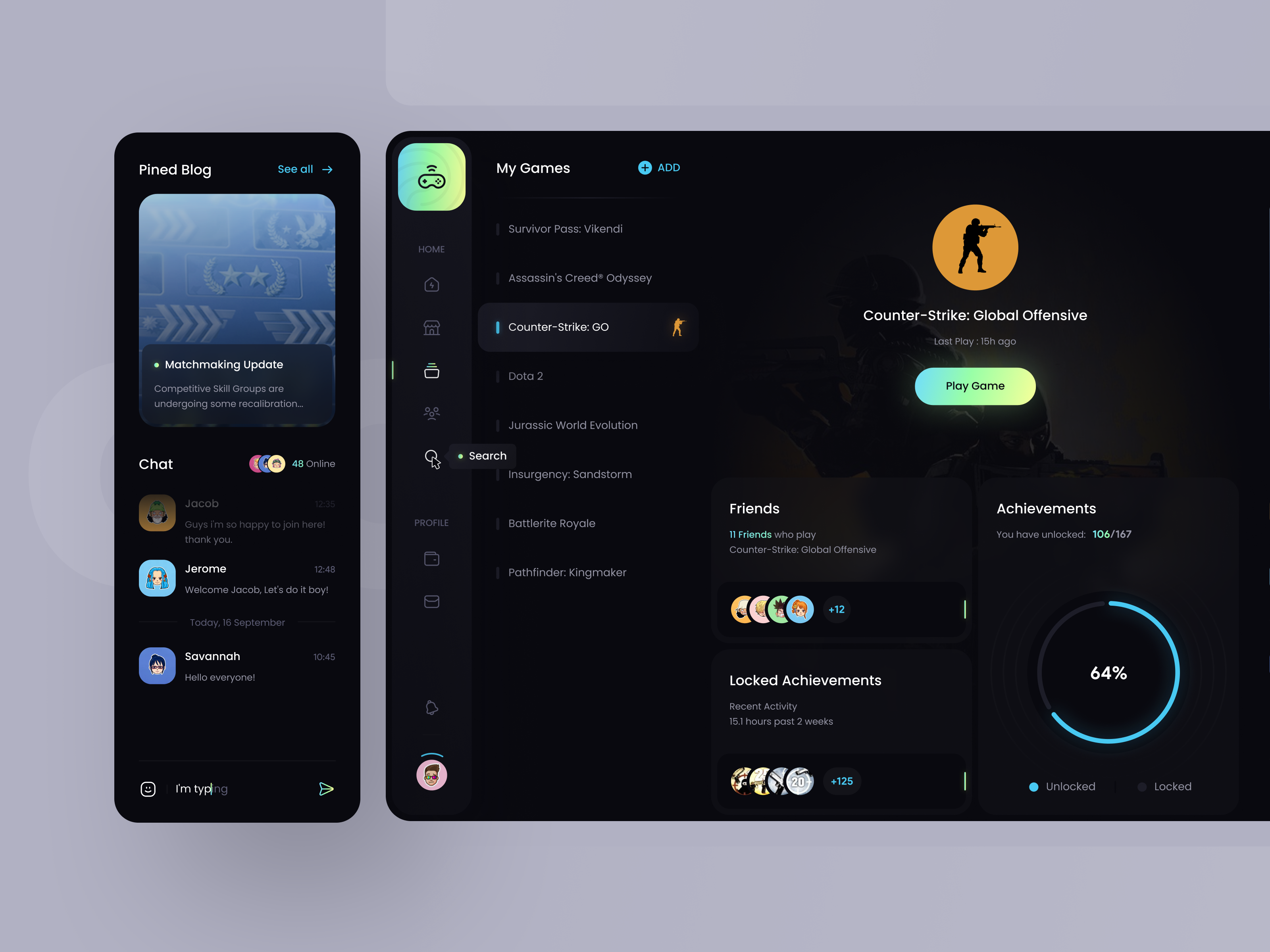 Gaming Platform Dashboard UI Design Concept chat clean ui dark dashboard dark theme dashboard game dashboard game design game ui gaming menu minimal navigation bar steam trend ui ui web design web ui website
