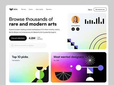 Artio rare and modern arts art assets blockchain clean decentralized defi design digital market framer illustration landing page marketeplace minimal mint nft uxui webflow website