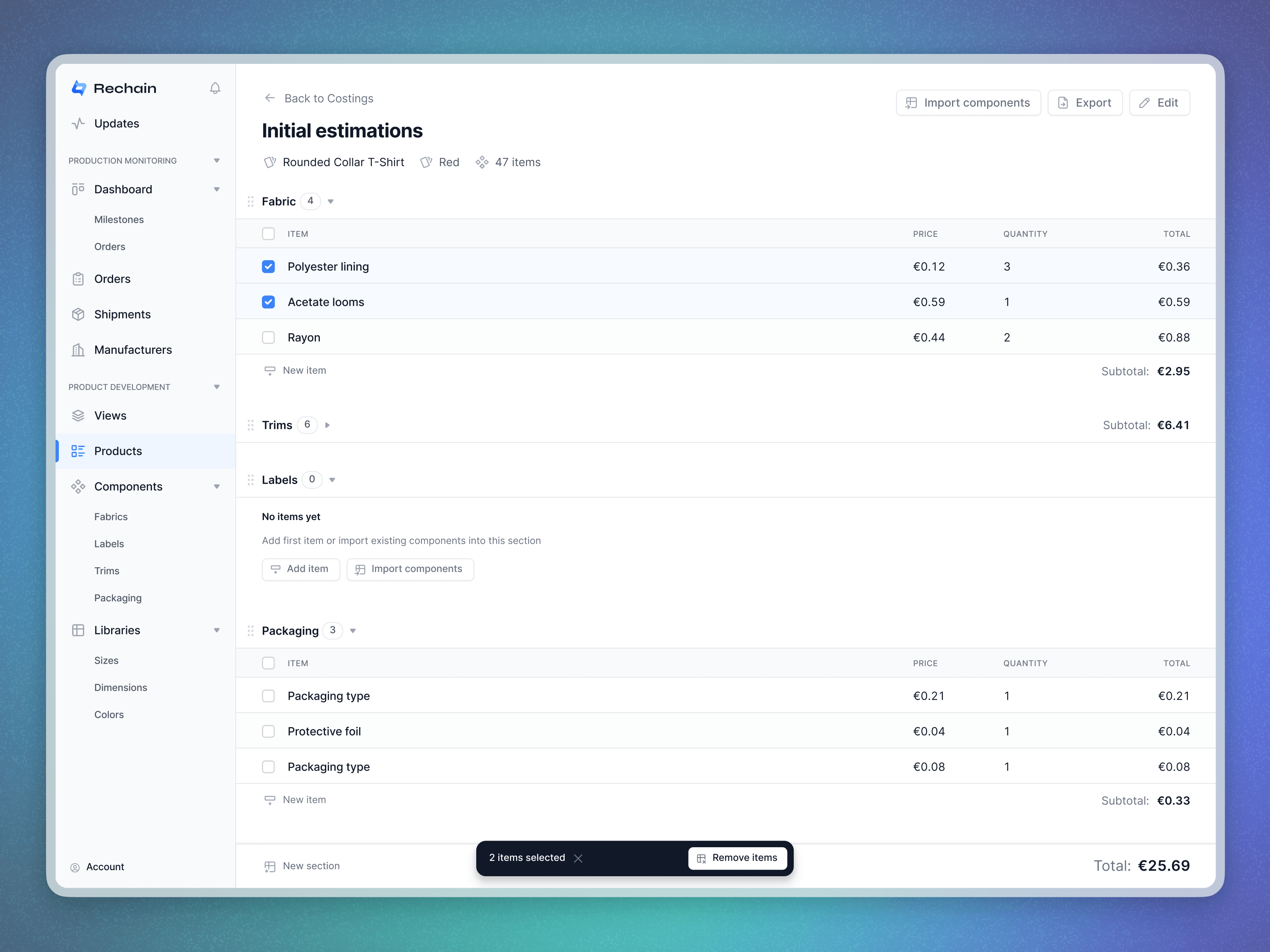 Table with Movable Sections - Production Costing Details blue bulk actions cards checkbox detail view dialog drag and drop fashion production figma floating bar gradient list menu modal saas sections table ui web