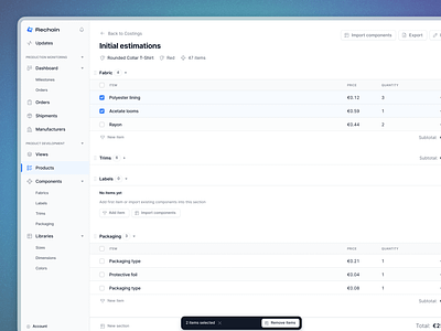Table with Movable Sections - Production Costing Details blue bulk actions cards checkbox detail view dialog drag and drop fashion production figma floating bar gradient list menu modal saas sections table ui web