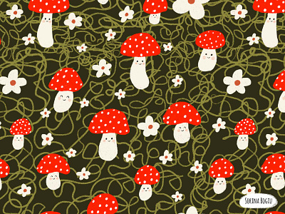 Mushroom Pattern Design cute design fabric designer flowers fun green illustration illustrator kids illustration mushroom pattern surface pattern designer