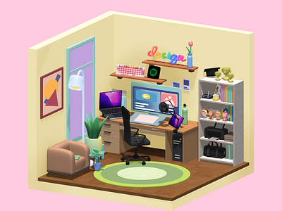 Designer's Dream Room 3d 3d isometric books designer room desk setup home office illustration isometric mini room modern pc reading render room spline study room ui work from home