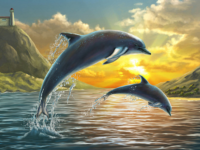 Jumping dolphins at sunset digital dolphin illustration ocean painting sea sunset wildlife