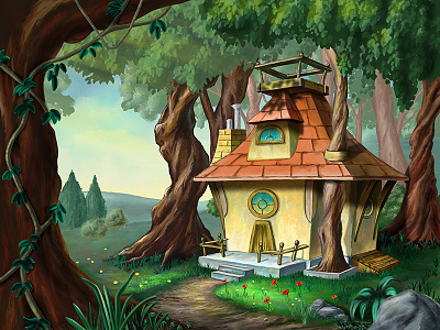 House in the wood cute digital fairy fantasy forest house illustration painting tale tree vegetation whimsical wood