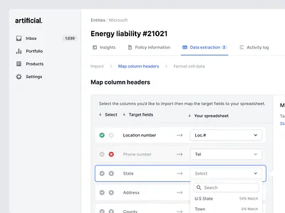 Column mapping UI column mapping insurtech tailwind