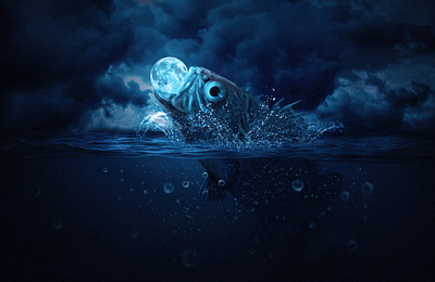 Surreal water photo manipulation adjustment adobe photoshop blue bubbles cloudy composition contrast darkness fish highlight manipulation moon photo manipulation photoshop retouch sky splash surreal water