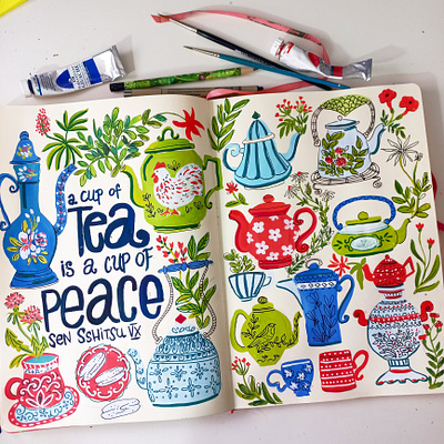 Tea Time art drawing gouache hand drawn illustration kettle kitchen painting pattern design sketchbook surface pattern tea time