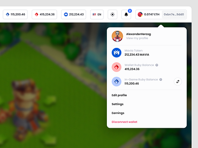 Blockchain Game - Profile Dropdown balance blockchain crypto dropdown exchange flat ui game header mini profile modal nft popover popup profile swap token wallet