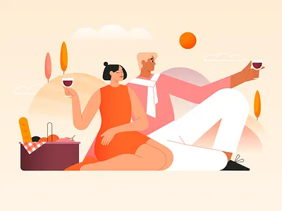 Couple on a picnic adobe illustrator basket character couple enjoy food illustration illustrator italy leisure man nature outdoors picnic romantic summer vector vector art wine woman