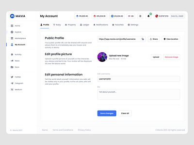 NFT Platform - Profile Dashboard account blockchain complex ui crypto dashboard flat ui header light ui my profile nft nft marketplace product design profile settings sidebar