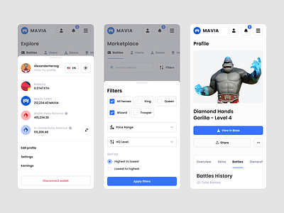 NFT Platform - Mobile Screens balance blockchain character crypto filter flat ui gambling game gaming item mini profile mobile mobile ui modal nft nft marketplace overlay product design profile shop