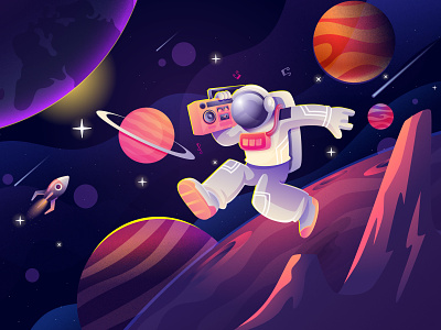 Astronaut Loves Music astronaut boombox fun galaxy graphic design illustration milky way moon music planets